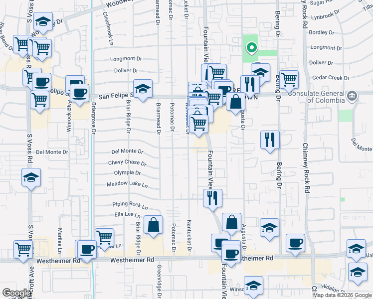 map of restaurants, bars, coffee shops, grocery stores, and more near 2005 Nantucket Drive in Houston