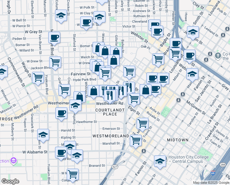 map of restaurants, bars, coffee shops, grocery stores, and more near 205 Stratford Street in Houston