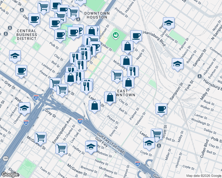 map of restaurants, bars, coffee shops, grocery stores, and more near 1312 Live Oak Street in Houston