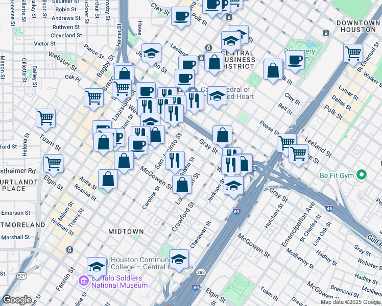 map of restaurants, bars, coffee shops, grocery stores, and more near 1310 Gray Street in Houston