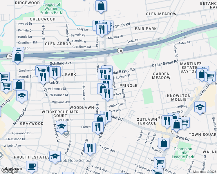 map of restaurants, bars, coffee shops, grocery stores, and more near 4 East Francis Avenue in Baytown