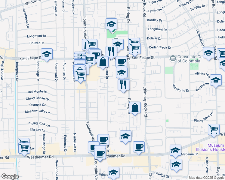 map of restaurants, bars, coffee shops, grocery stores, and more near 1901 Augusta Drive in Houston