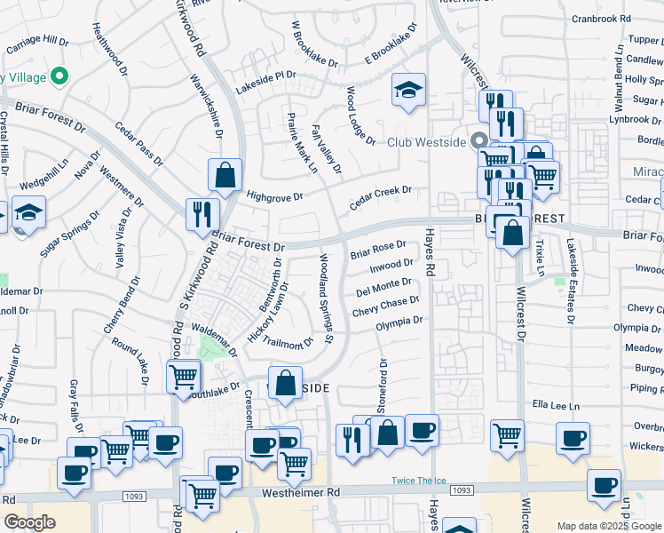 map of restaurants, bars, coffee shops, grocery stores, and more near 1923 Woodland Springs Street in Houston