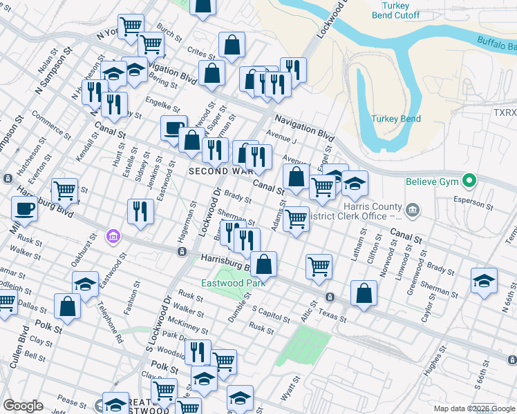 map of restaurants, bars, coffee shops, grocery stores, and more near 4901 Brady Street in Houston