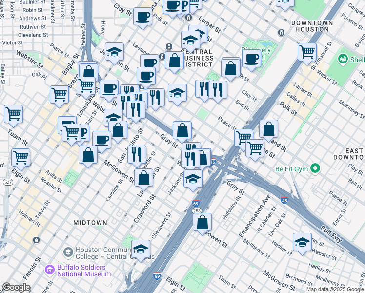 map of restaurants, bars, coffee shops, grocery stores, and more near 2010 La Branch Street in Houston