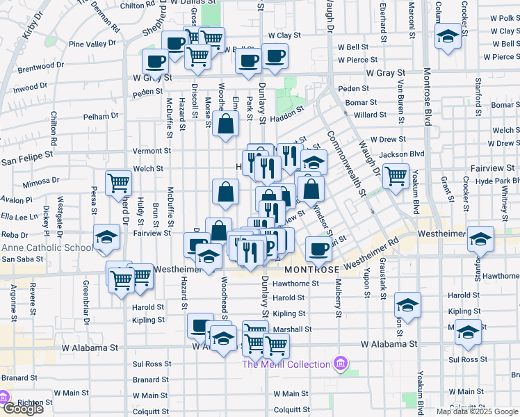 map of restaurants, bars, coffee shops, grocery stores, and more near 2118 Park Street in Houston