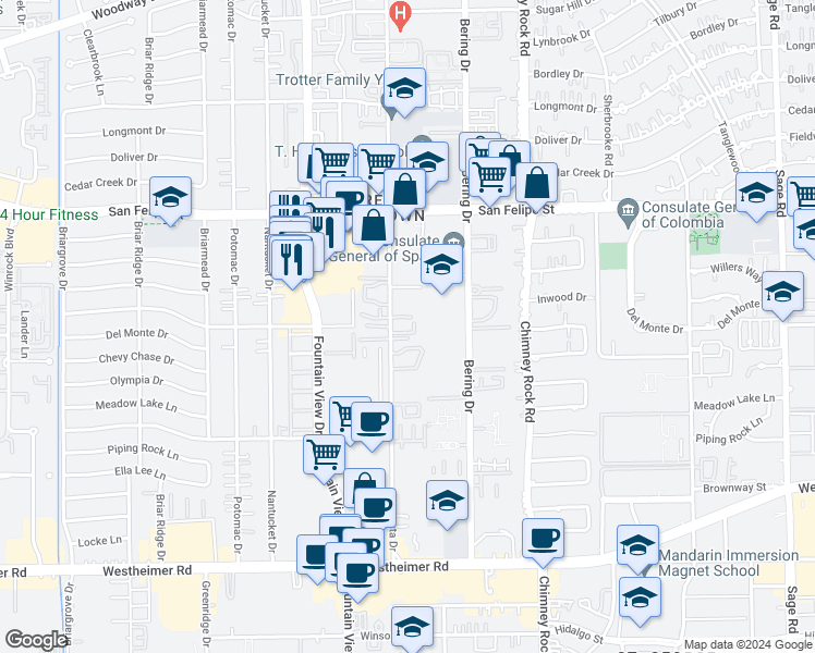 map of restaurants, bars, coffee shops, grocery stores, and more near 1901 Augusta Drive in Houston
