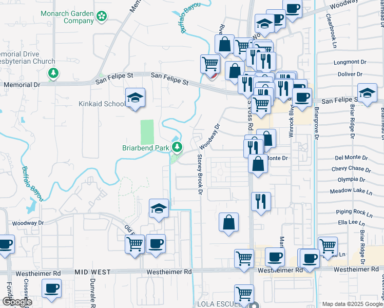 map of restaurants, bars, coffee shops, grocery stores, and more near 7922 Woodway Drive in Houston
