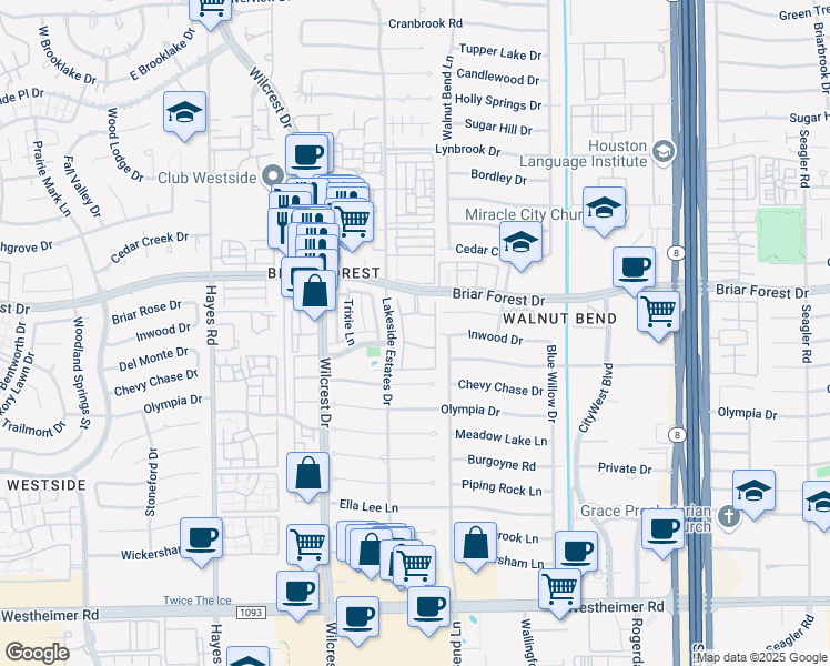map of restaurants, bars, coffee shops, grocery stores, and more near 10925 Briar Forest Drive in Houston