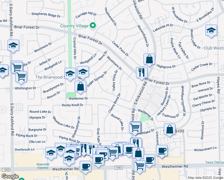 map of restaurants, bars, coffee shops, grocery stores, and more near 1803 Eagle Falls Court in Houston