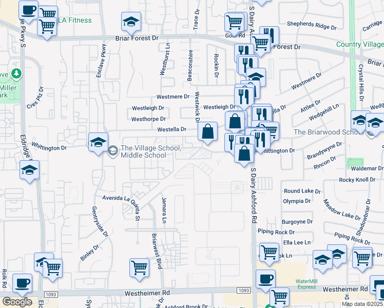 map of restaurants, bars, coffee shops, grocery stores, and more near 12800 Whittington Drive in Houston