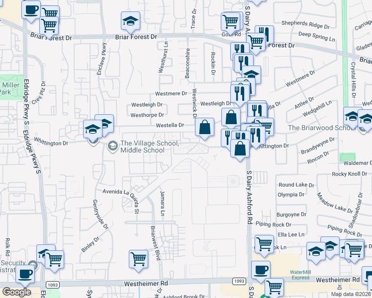 map of restaurants, bars, coffee shops, grocery stores, and more near 12800 Whittington Drive in Houston
