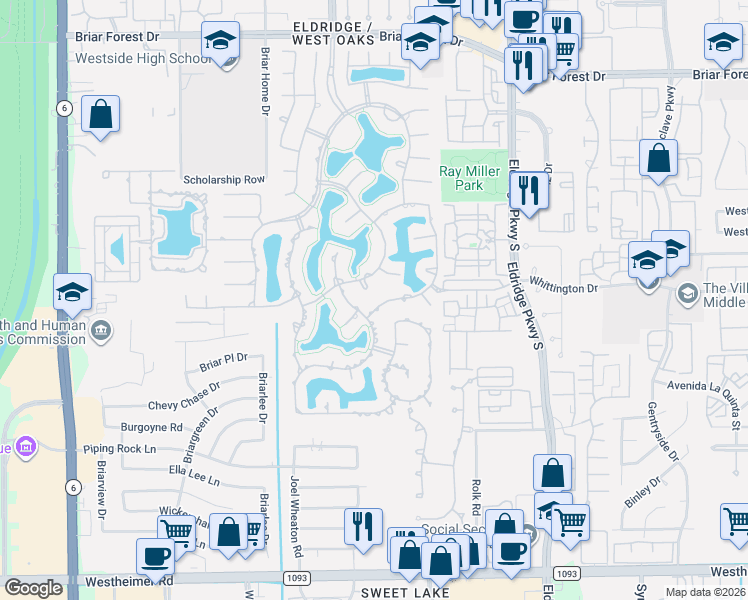 map of restaurants, bars, coffee shops, grocery stores, and more near 2107 Lakeside Bend Drive in Houston