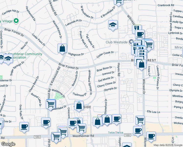 map of restaurants, bars, coffee shops, grocery stores, and more near 1923 Woodland Springs Street in Houston