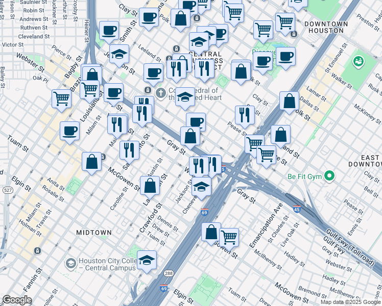 map of restaurants, bars, coffee shops, grocery stores, and more near 2010 La Branch Street in Houston