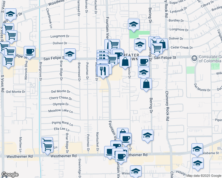 map of restaurants, bars, coffee shops, grocery stores, and more near 5880 Inwood Drive in Houston