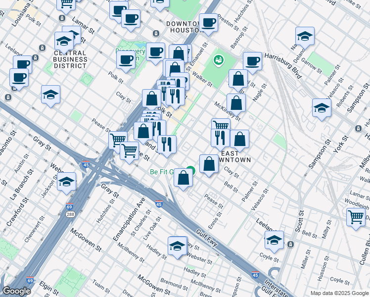 map of restaurants, bars, coffee shops, grocery stores, and more near 2410 Polk Street in Houston