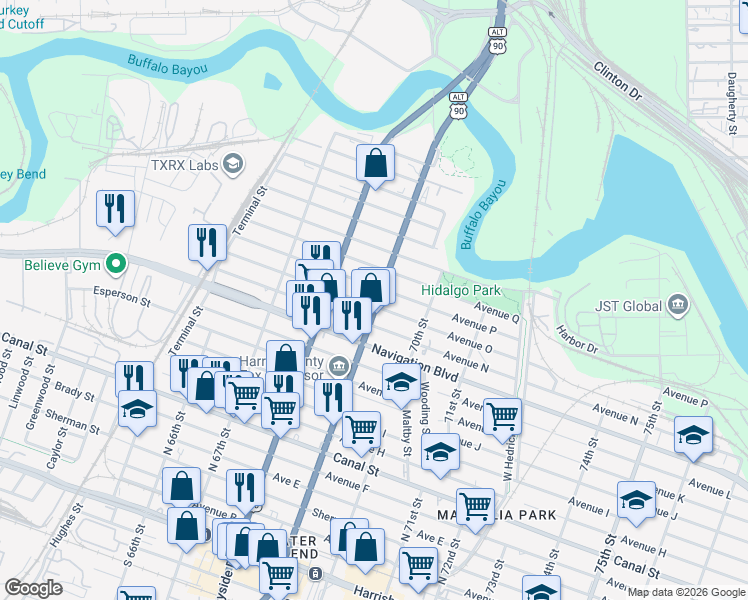 map of restaurants, bars, coffee shops, grocery stores, and more near 6830 Avenue P in Houston