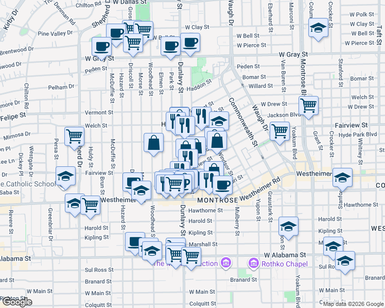 map of restaurants, bars, coffee shops, grocery stores, and more near 1753 Michigan Street in Houston