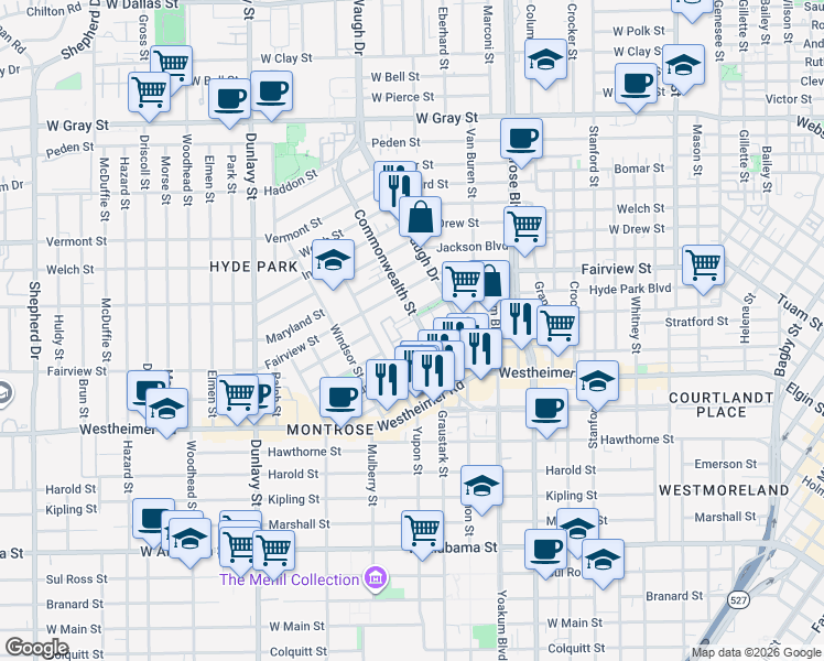 map of restaurants, bars, coffee shops, grocery stores, and more near 1501 Hyde Park Boulevard in Houston