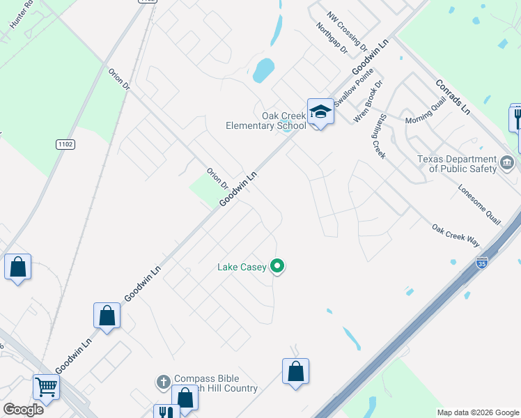 map of restaurants, bars, coffee shops, grocery stores, and more near 484 Pebble Creek Run in New Braunfels