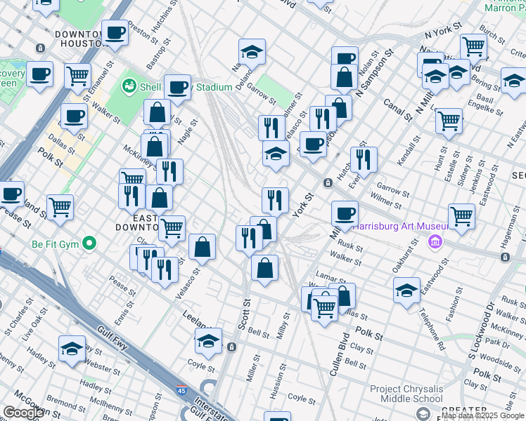 map of restaurants, bars, coffee shops, grocery stores, and more near 3300 Rusk Street in Houston
