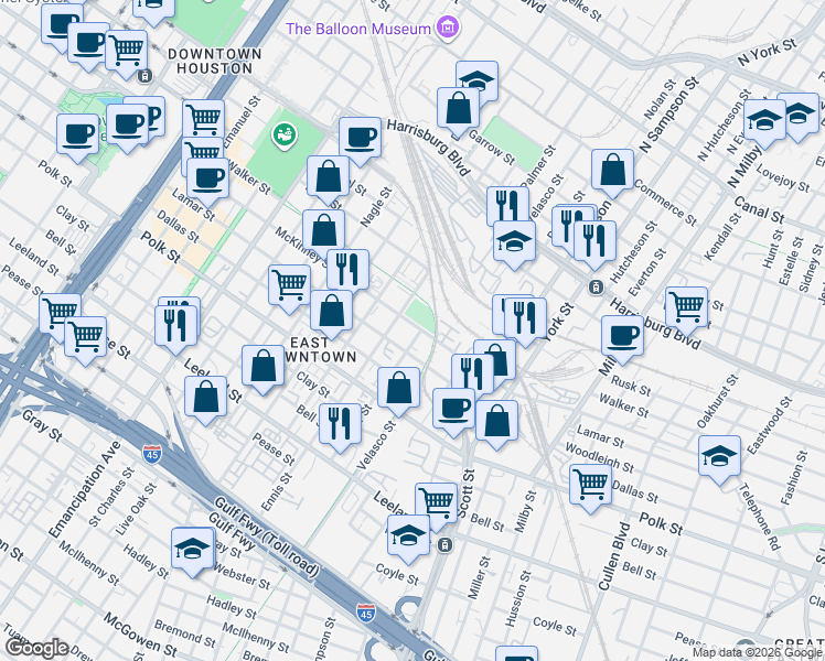 map of restaurants, bars, coffee shops, grocery stores, and more near 3103 McKinney Street in Houston