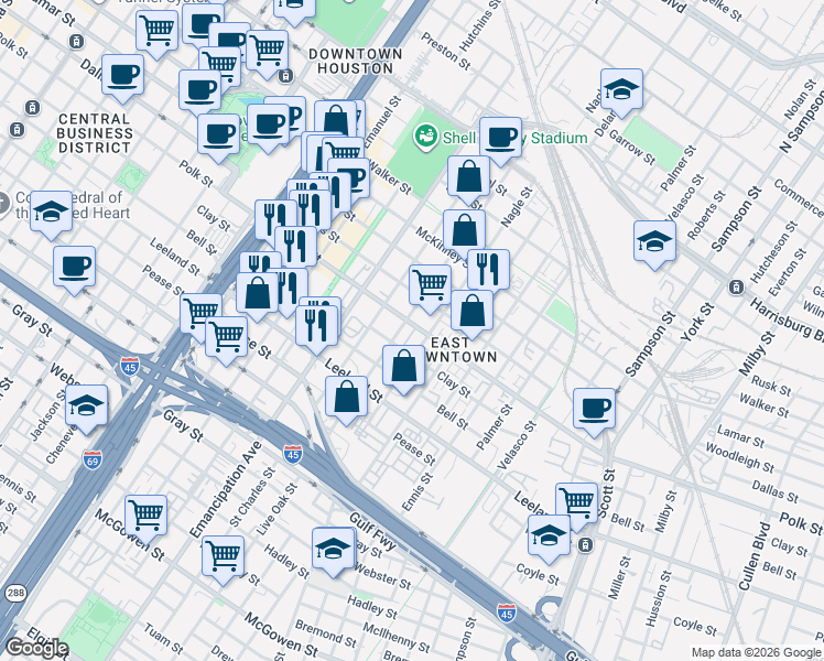 map of restaurants, bars, coffee shops, grocery stores, and more near 1312 Live Oak Street in Houston
