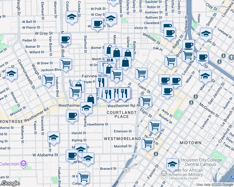 map of restaurants, bars, coffee shops, grocery stores, and more near 2616 Mason Street in Houston