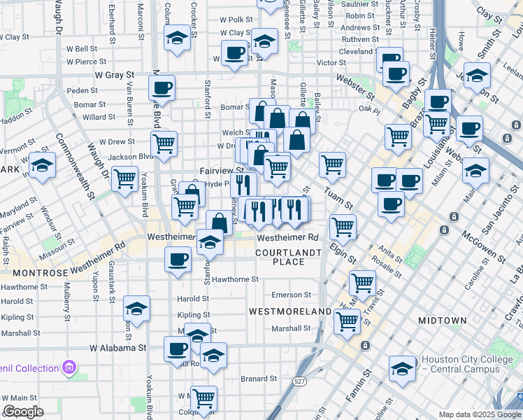 map of restaurants, bars, coffee shops, grocery stores, and more near 2616 Mason Street in Houston