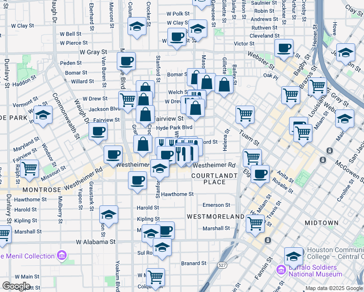 map of restaurants, bars, coffee shops, grocery stores, and more near 405 Stratford Street in Houston