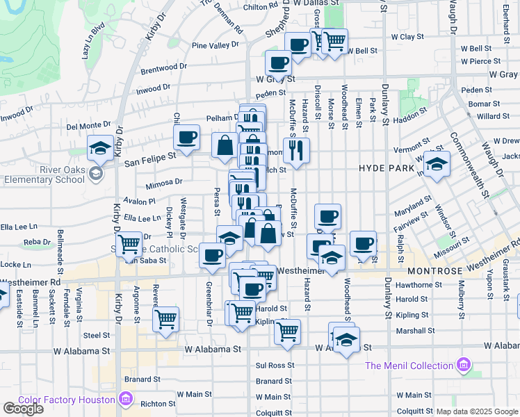 map of restaurants, bars, coffee shops, grocery stores, and more near 2111 South Shepherd Drive in Houston