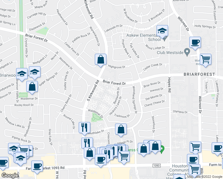 map of restaurants, bars, coffee shops, grocery stores, and more near 11655 Briar Forest Drive in Houston