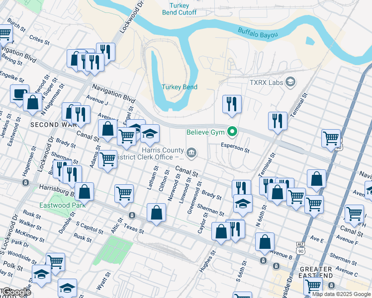 map of restaurants, bars, coffee shops, grocery stores, and more near in Houston