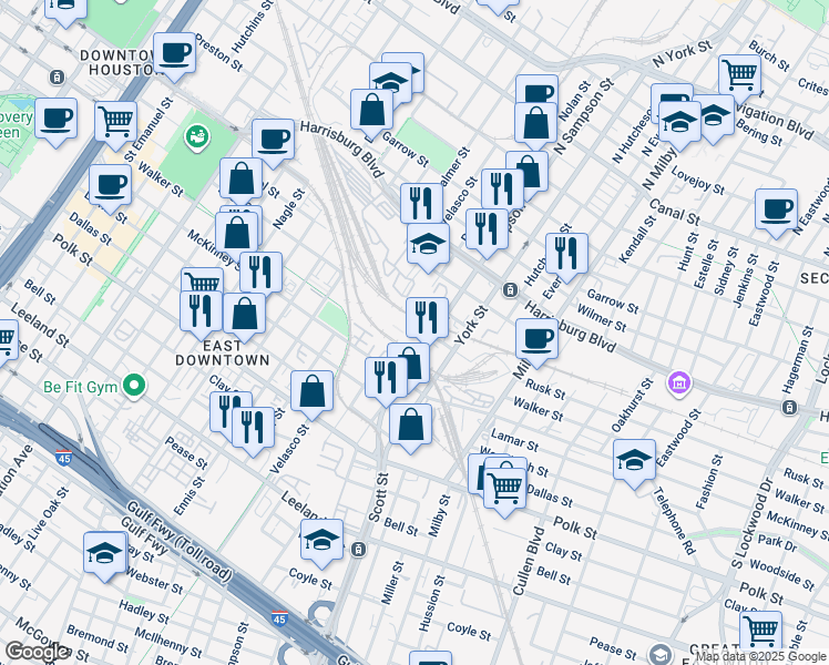 map of restaurants, bars, coffee shops, grocery stores, and more near 3300 Rusk Street in Houston