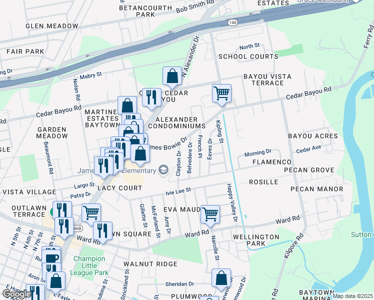 map of restaurants, bars, coffee shops, grocery stores, and more near 2306 Belvedere Drive in Baytown