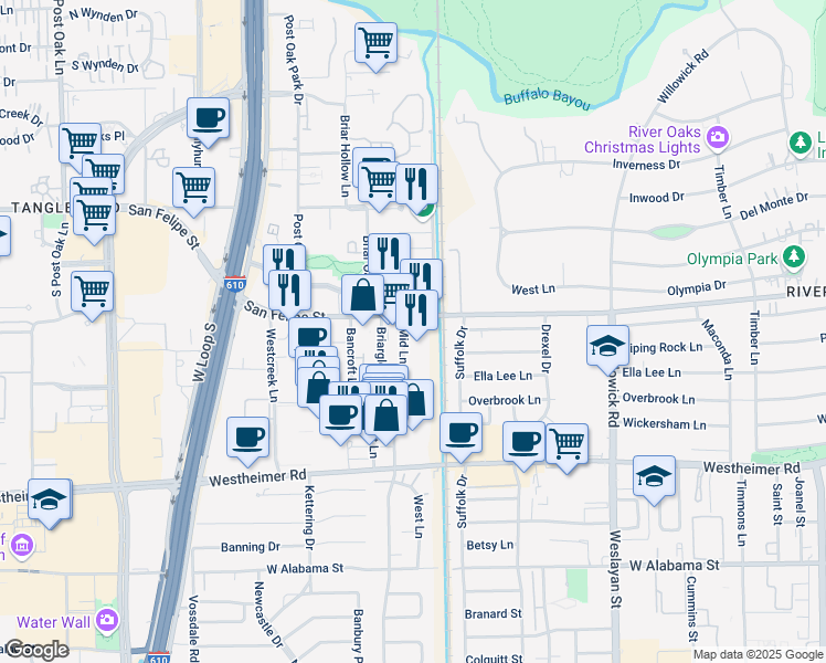 map of restaurants, bars, coffee shops, grocery stores, and more near 4227 San Felipe Street in Houston