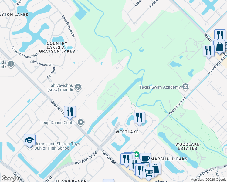 map of restaurants, bars, coffee shops, grocery stores, and more near 3303 Sam Robinson Road in Katy