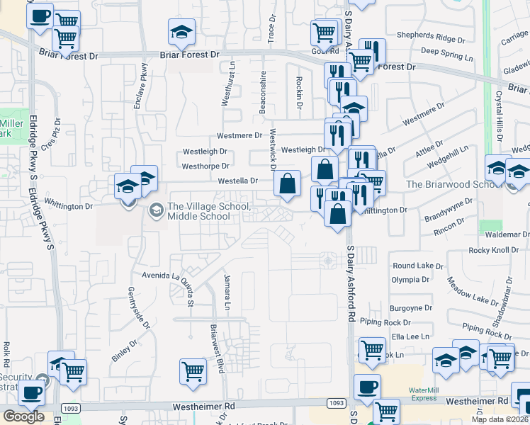 map of restaurants, bars, coffee shops, grocery stores, and more near 12735 Whittington Drive in Houston