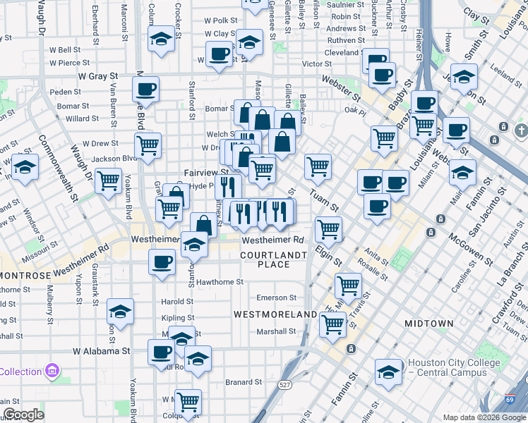 map of restaurants, bars, coffee shops, grocery stores, and more near 2616 Mason Street in Houston