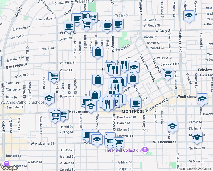 map of restaurants, bars, coffee shops, grocery stores, and more near 2202 Park Street in Houston