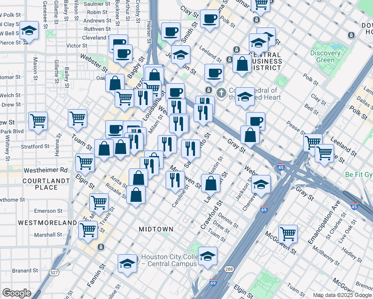 map of restaurants, bars, coffee shops, grocery stores, and more near 2309 Fannin Street in Houston