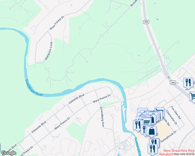 map of restaurants, bars, coffee shops, grocery stores, and more near 1427 Edwards Boulevard in New Braunfels