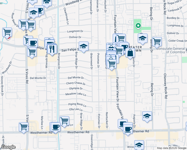 map of restaurants, bars, coffee shops, grocery stores, and more near 6122 Inwood Drive in Houston