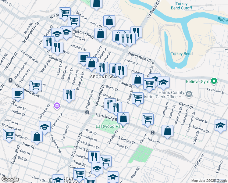 map of restaurants, bars, coffee shops, grocery stores, and more near 102 Stiles Street in Houston