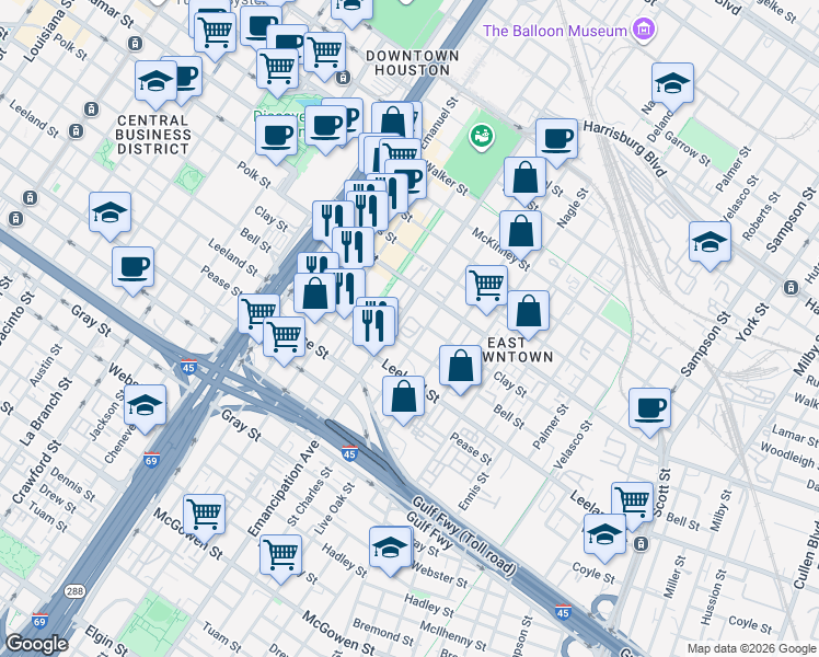 map of restaurants, bars, coffee shops, grocery stores, and more near 2410 Polk Street in Houston