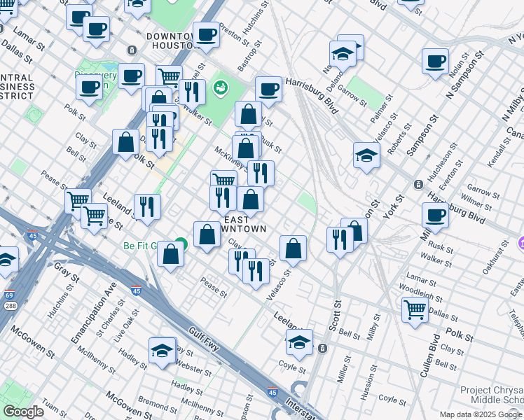 map of restaurants, bars, coffee shops, grocery stores, and more near 1110 Delano Street in Houston