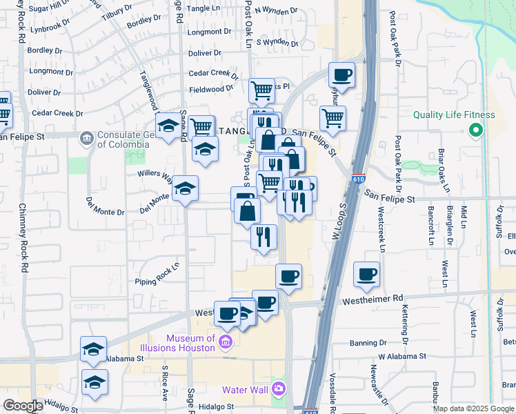map of restaurants, bars, coffee shops, grocery stores, and more near 1980 Post Oak Boulevard in Houston