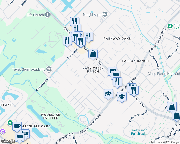 map of restaurants, bars, coffee shops, grocery stores, and more near 25227 Clover Ranch Drive in Katy