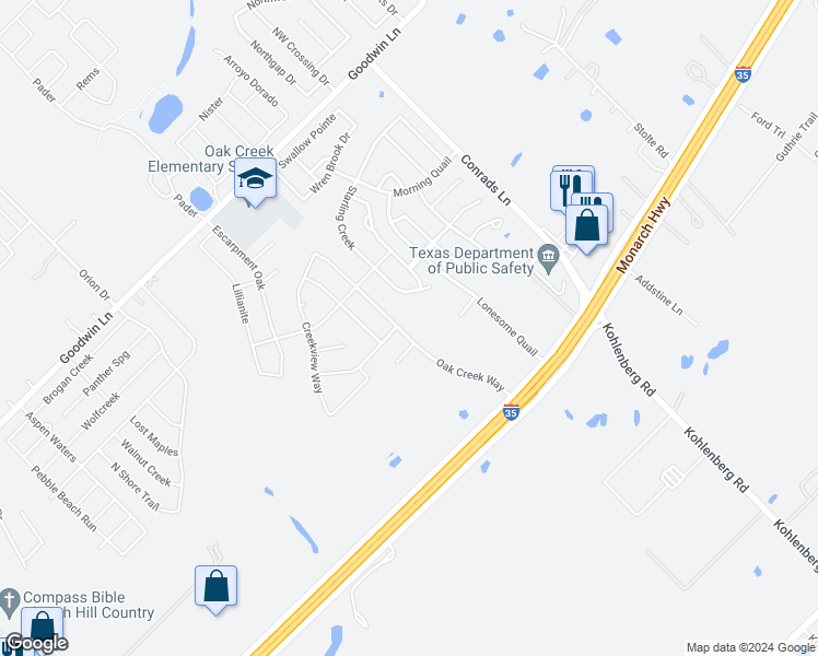 map of restaurants, bars, coffee shops, grocery stores, and more near 212 Oak Creek Way in New Braunfels